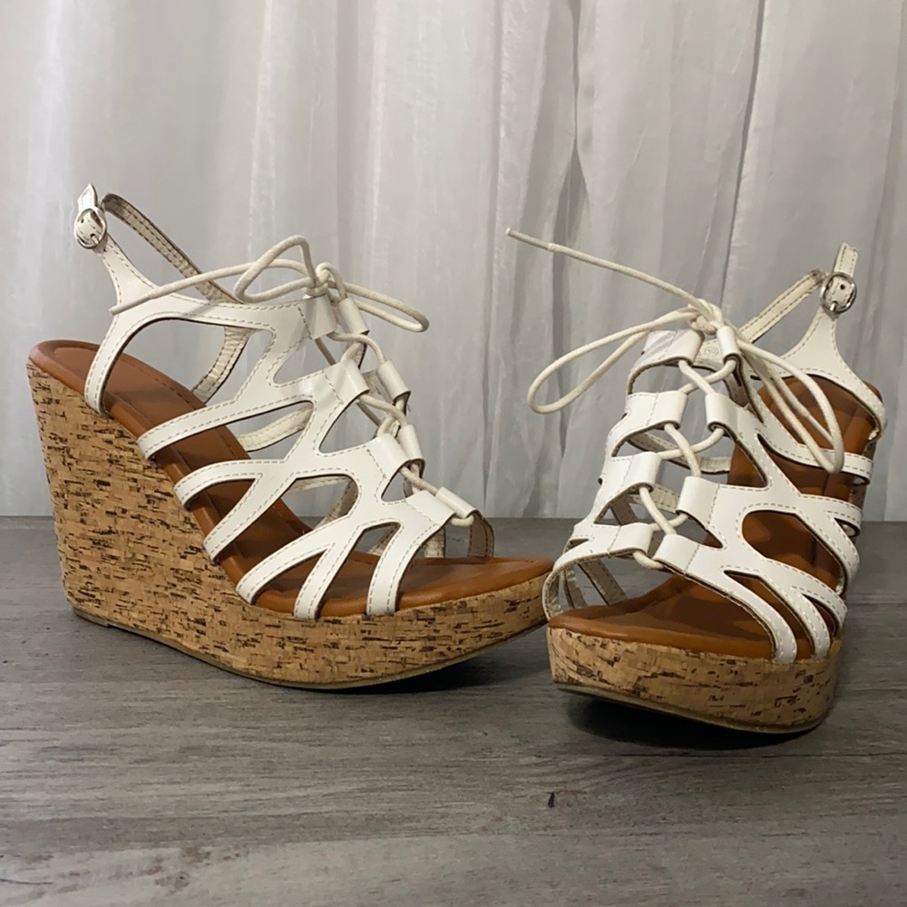 White Lace Up Wedges